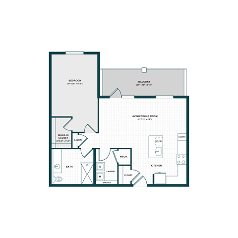 Floor plan for 1 bed, 1 bath, 921 sqft